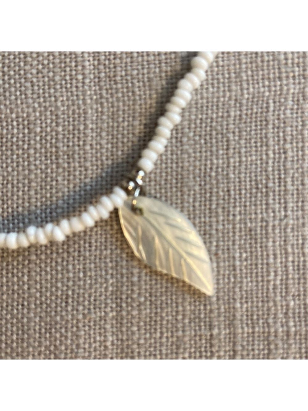 Boho Mother of Pearl Leaf Necklace Beaded White & Silver - Picture 3 of 7
